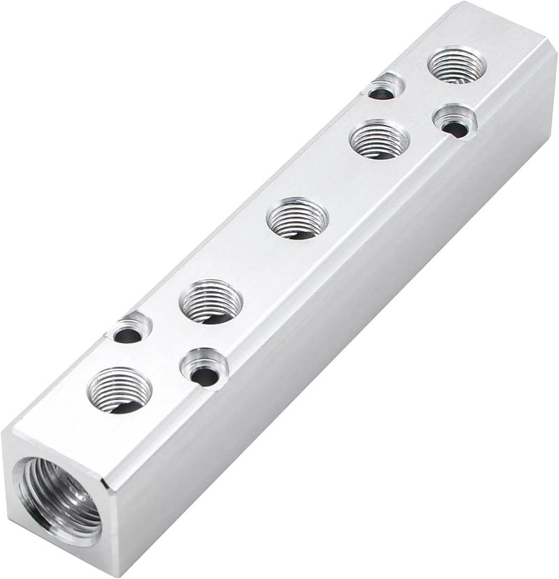 MARSTEK Air Manifold, 5 Way 7 Port Air Compressor Manifold, Aluminum Air Hose Inline Manifold Block Splitter, Pneumatic Manifold Air Distribution Block, NPT 1/2 Inch Supply Port, NPT 1/4 Inch Output Port - Image 1